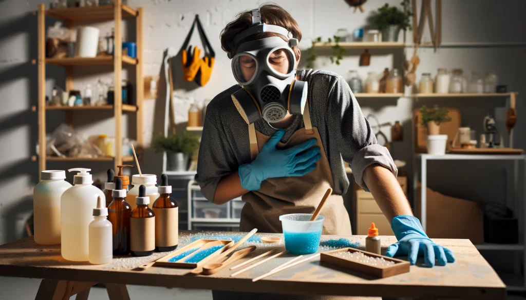 Common Safety Hazards with Resin 2 A person wearing a respirator mask and gloves, experiencing discomfort while working with resin in a workshop.