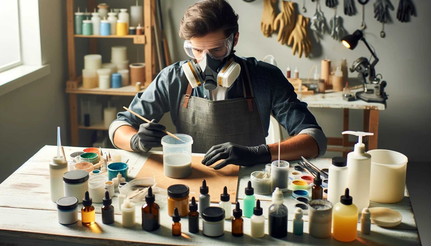Recognizing Resin Poisoning Symptoms: A Guide for Craft Enthusiasts 2 A person wearing a respirator and gloves works meticulously with resin at a well-organized crafting table.