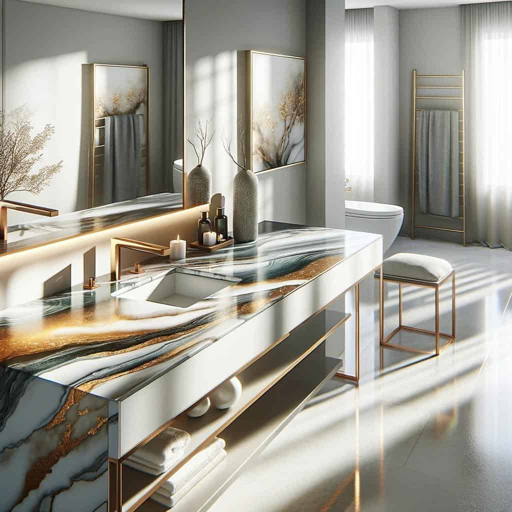 Elevate Your Bathroom Décor with Epoxy Countertops 7 A bright and modern bathroom featuring an elegant epoxy countertop with gold and white marbled patterns.