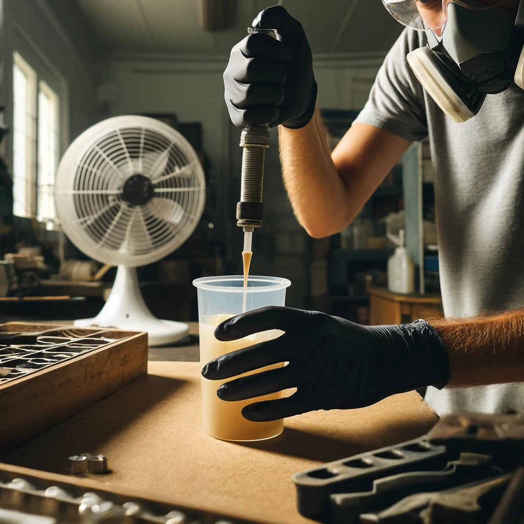 Common Safety Hazards with Resin 7 Person wearing gloves and a respirator mask mixing resin in a workshop, with a fan in the background for ventilation.