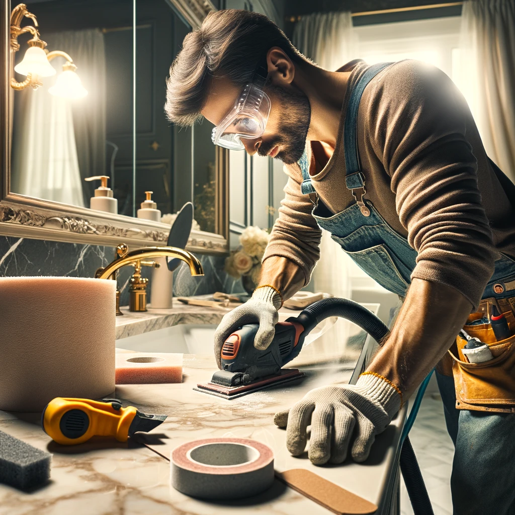 Elevate Your Bathroom Décor with Epoxy Countertops 4 A worker in safety goggles and gloves sands a marble bathroom countertop, surrounded by tools and materials for epoxy resin installation.