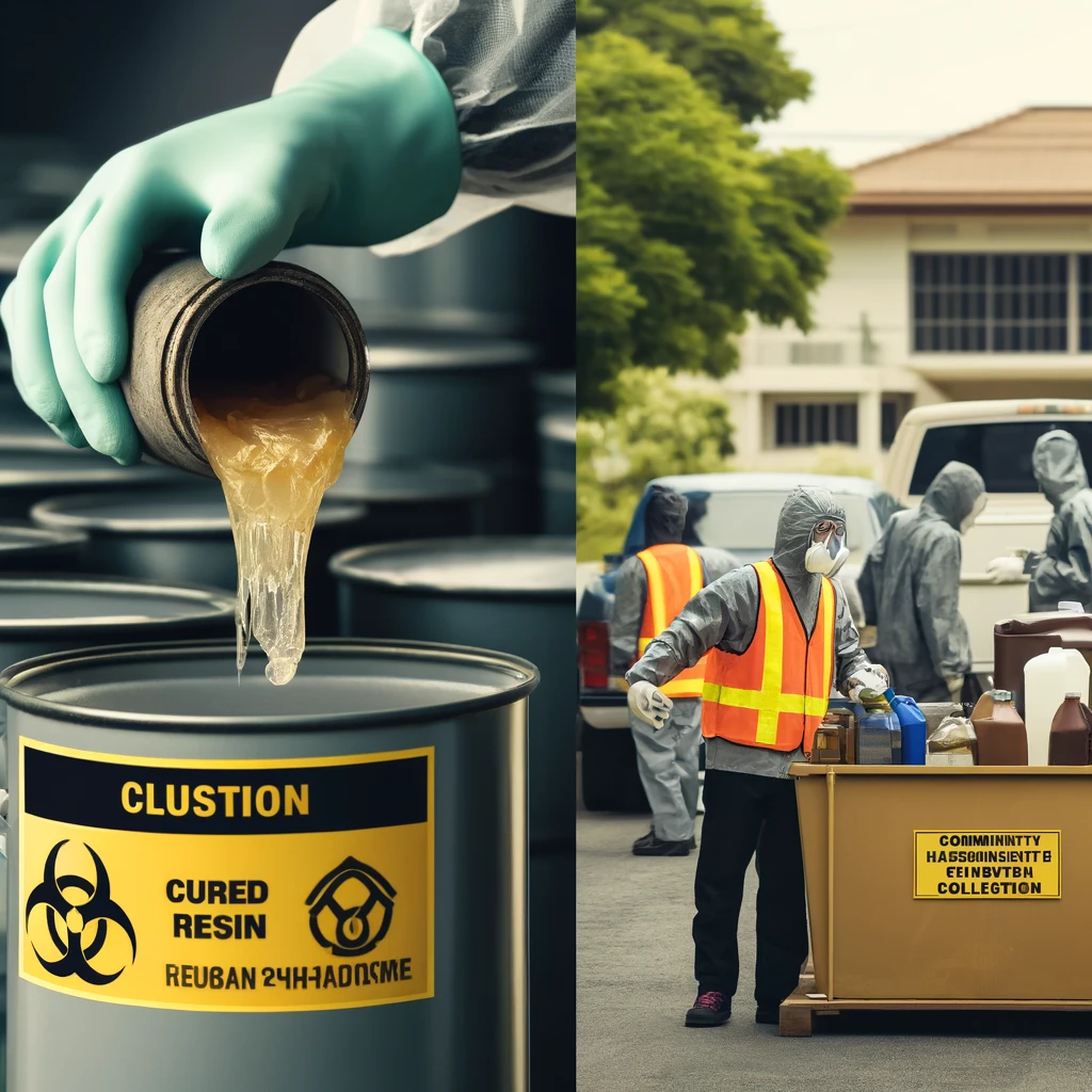 Common Safety Hazards with Resin 8 Workers in protective gear handling and disposing of cured resin waste, highlighting the process of safe and responsible hazardous material disposal.
