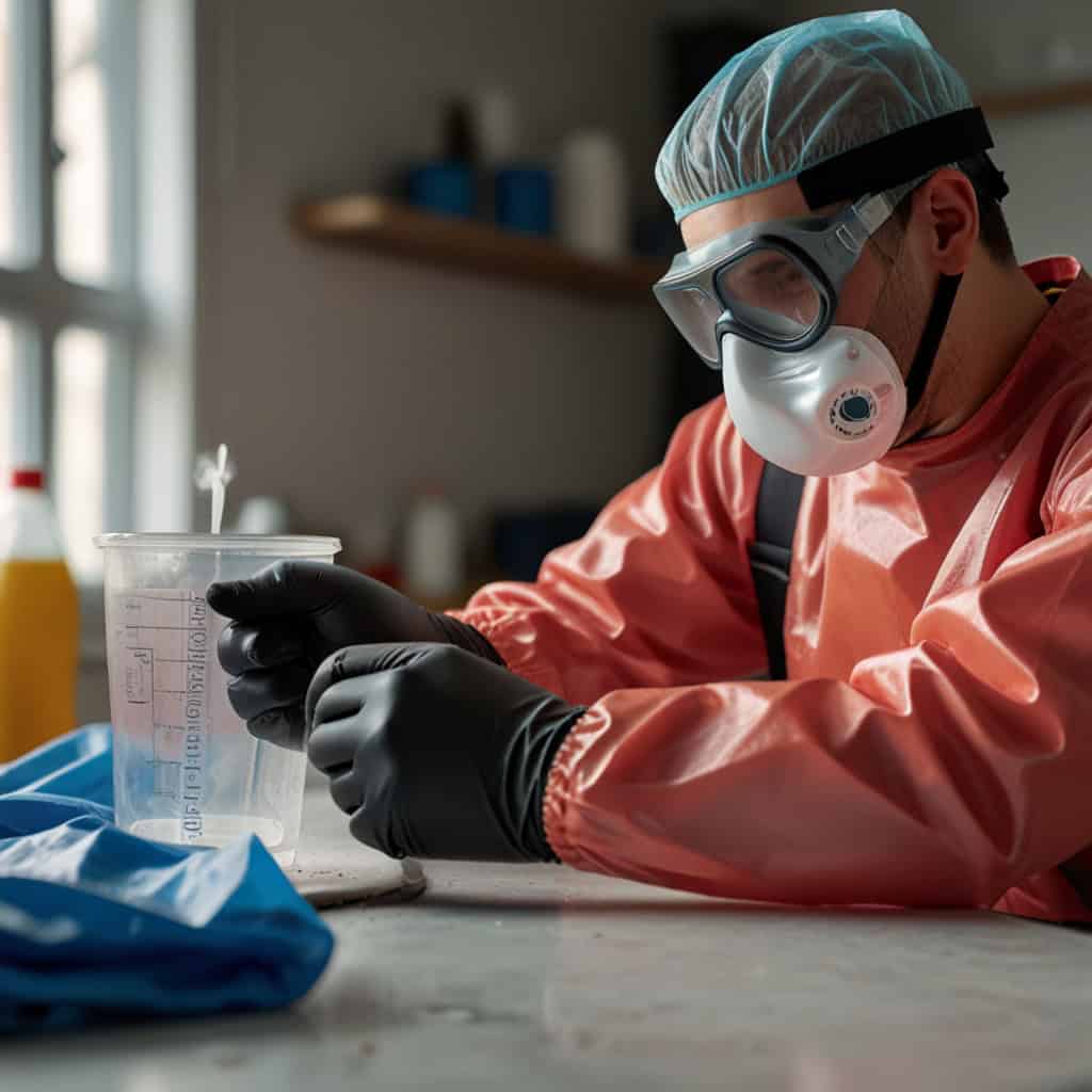 Common Safety Hazards with Resin 6 Person wearing protective gear, including gloves, mask, and gown, handling resin in a workshop.
