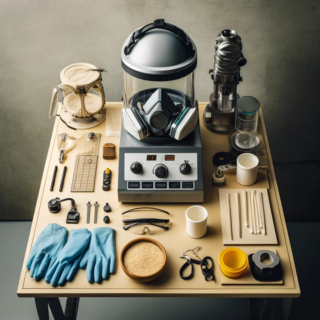 Common Safety Hazards with Resin 9 A well-organized workstation with essential safety equipment and tools for handling resin, including gloves, respirators, goggles, and various instruments.