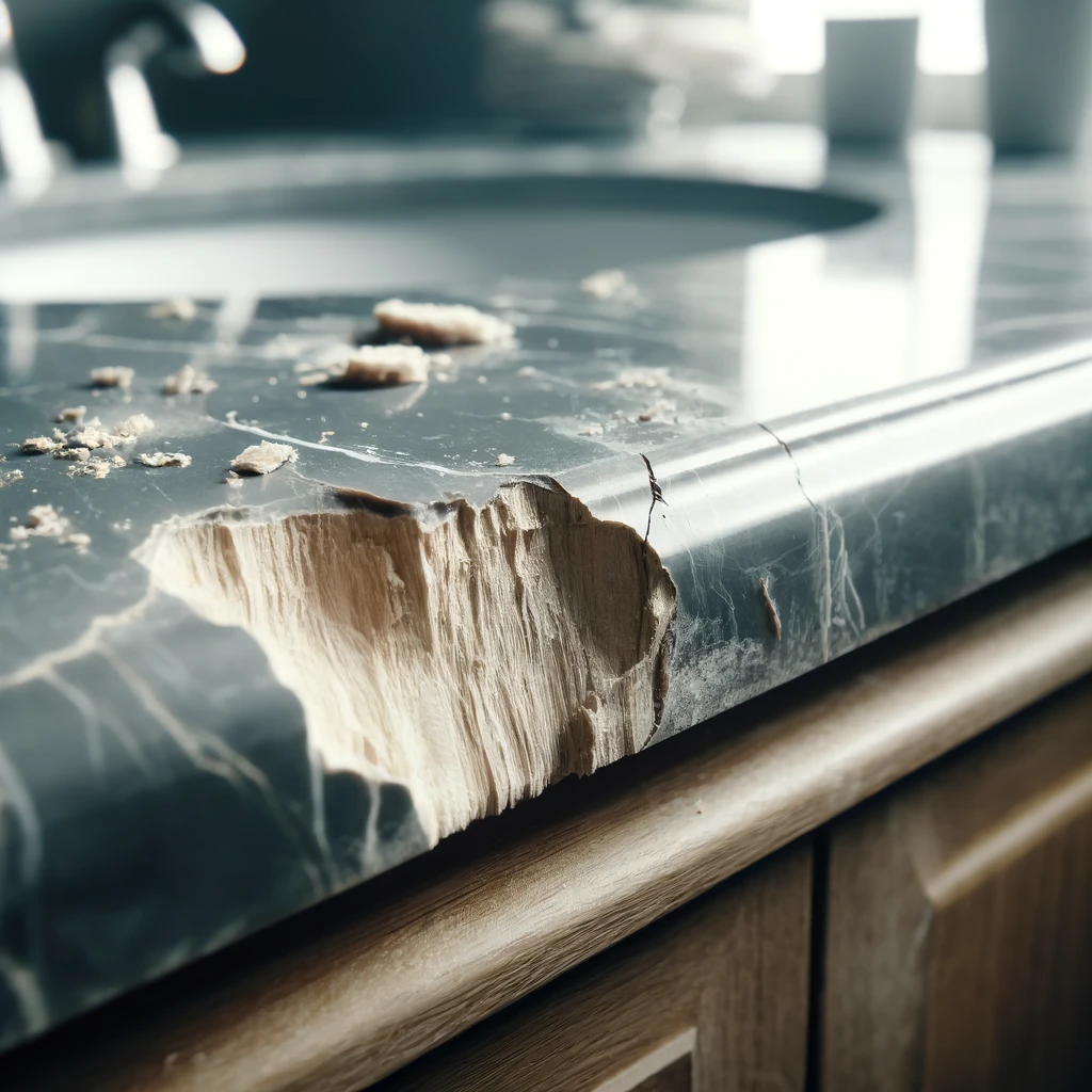 Elevate Your Bathroom Décor with Epoxy Countertops 5 A close-up view of a bathroom countertop showing extensive damage, including chips, scratches, stains, and a small crack, emphasizing the need for repair.