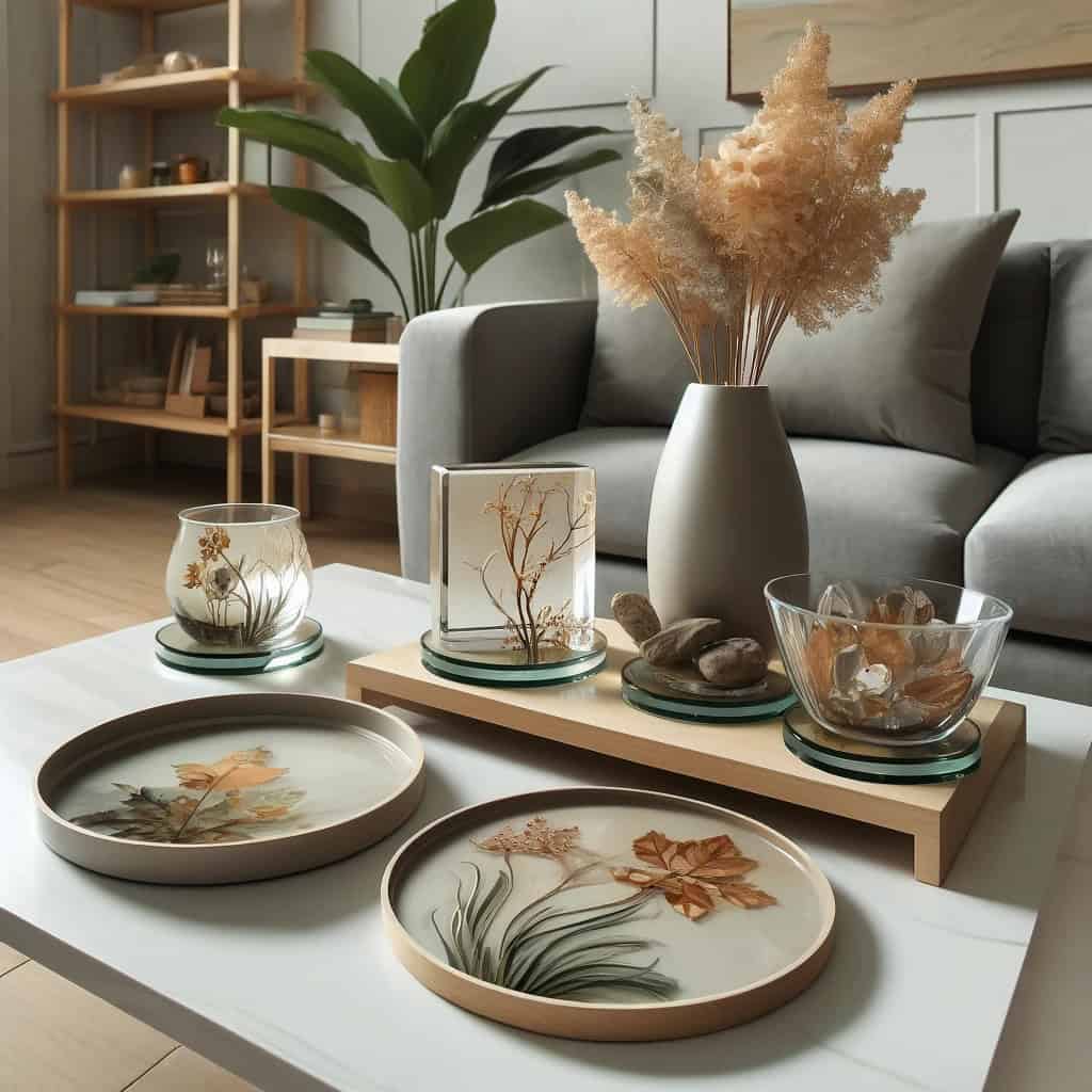 Bio Resin for Beginners: Sustainable Crafting Guide 3 Bio resin home decor items including coasters, trays, and decorative bowls with encapsulated leaves and flowers, displayed in a modern living room