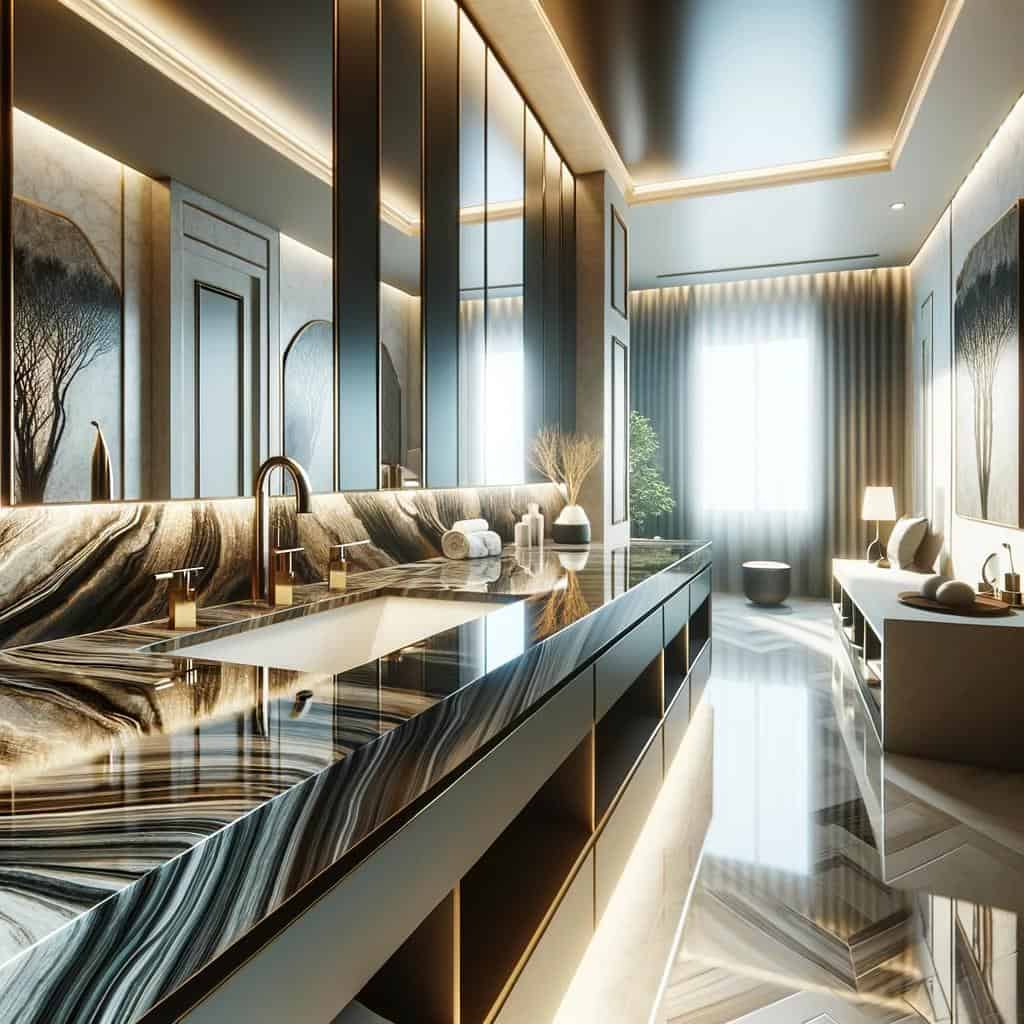 Elevate Your Bathroom Décor with Epoxy Countertops 3 A luxurious bathroom with a dramatic epoxy countertop featuring black and gold marbled patterns, set in a sophisticated interior.