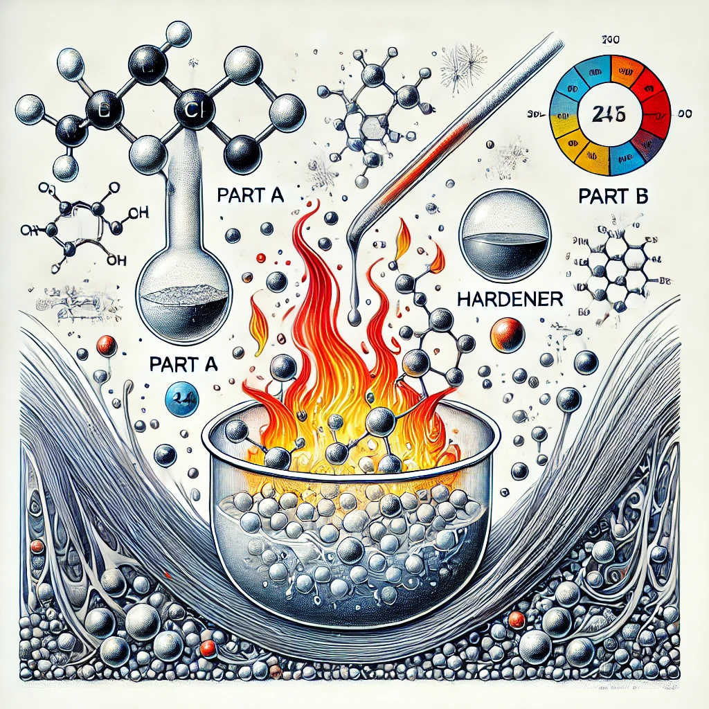Why Epoxy Resin Gets Hot? 2 Illustration showing an exothermic reaction in epoxy resin, with Part A (resin) and Part B (hardener) mixing to release energy and heat.