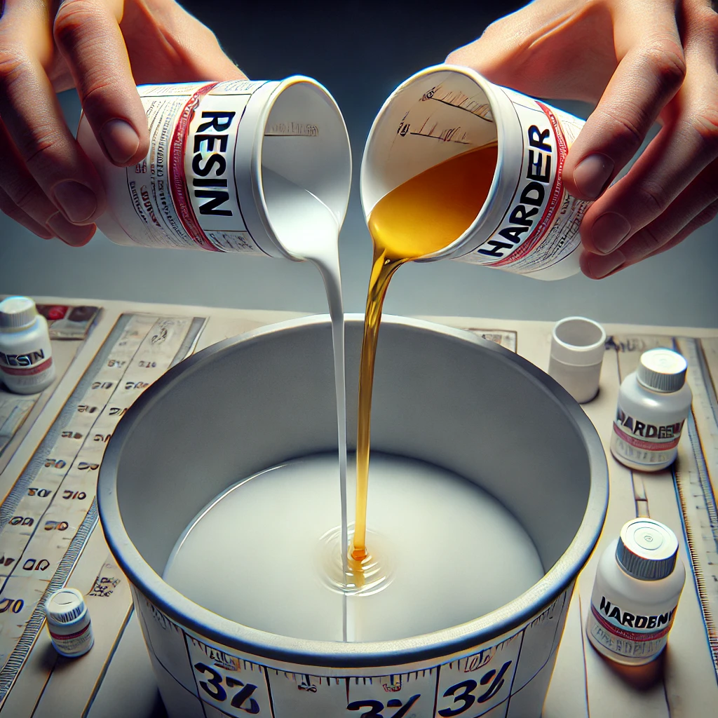 Why Epoxy Resin Gets Hot? 4 Close-up image of two smaller cups labeled 'Resin' and 'Hardener' pouring liquid into a larger mixing cup, with more liquid from the 'Hardener' cup.