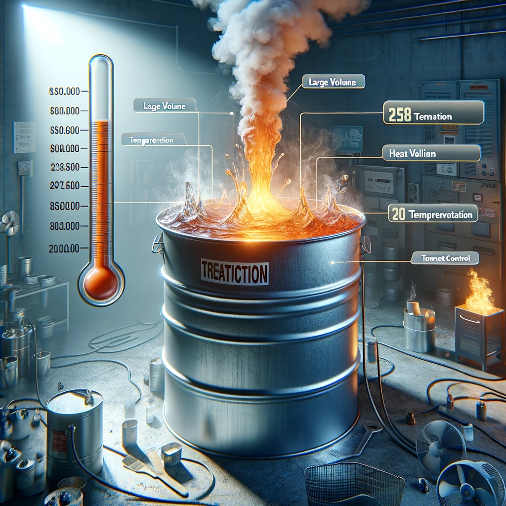 Why Epoxy Resin Gets Hot? 3 A large container of epoxy resin mixture emitting heat waves and light smoke, with a thermometer showing rising temperatures and safety equipment nearby.