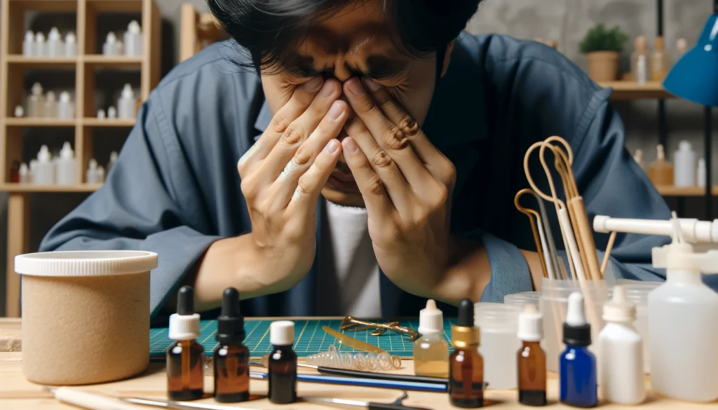 Recognizing Resin Poisoning Symptoms: A Guide for Craft Enthusiasts 8 A person at a crafting table rubbing their eyes in discomfort, surrounded by various resin materials and tools.
