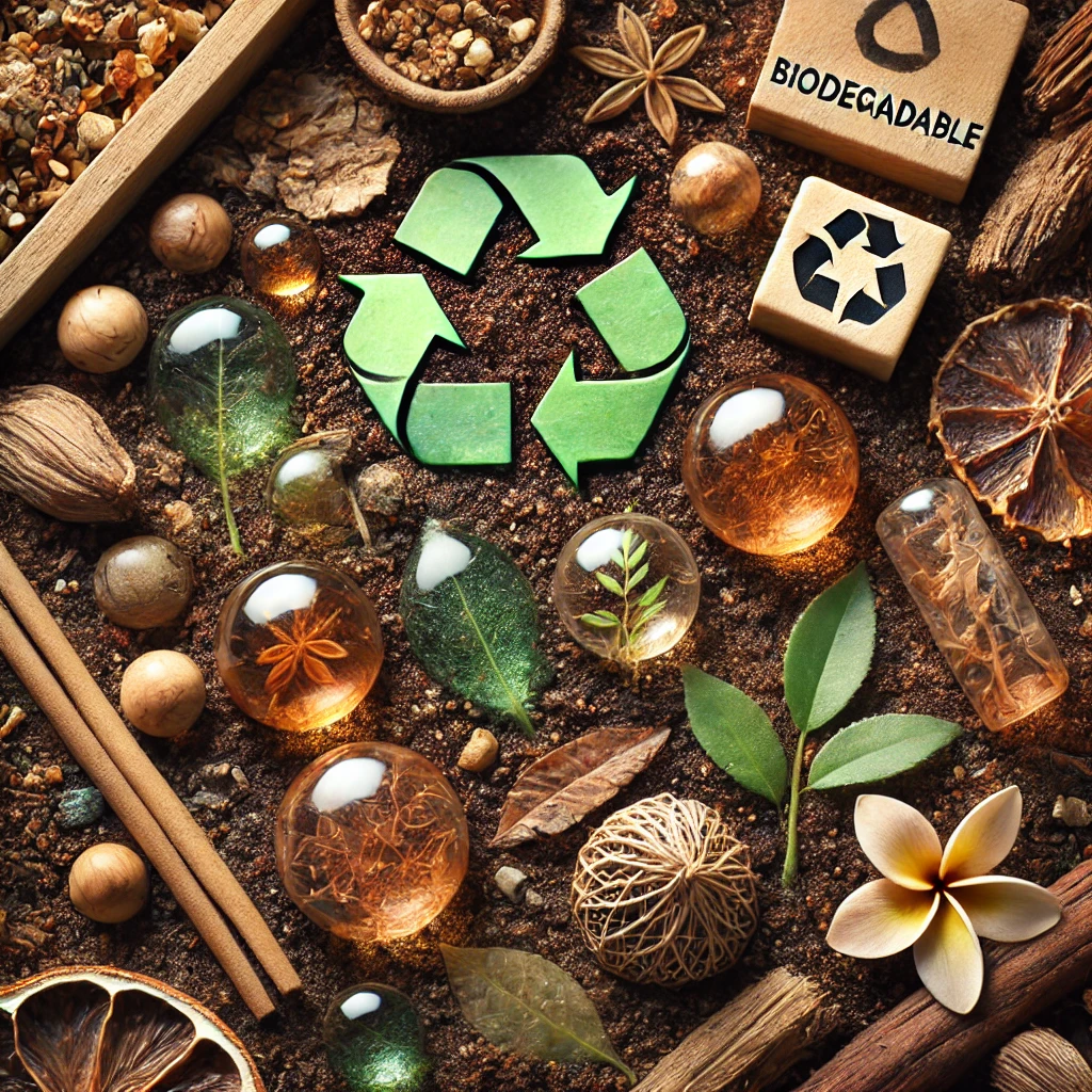 What Are Hemp-Based Resins and Why Are They Important? 4 Biodegradable resin pieces with encapsulated leaves and natural elements decomposing on soil, surrounded by a recycling symbol and organic materials, highlighting sustainability.