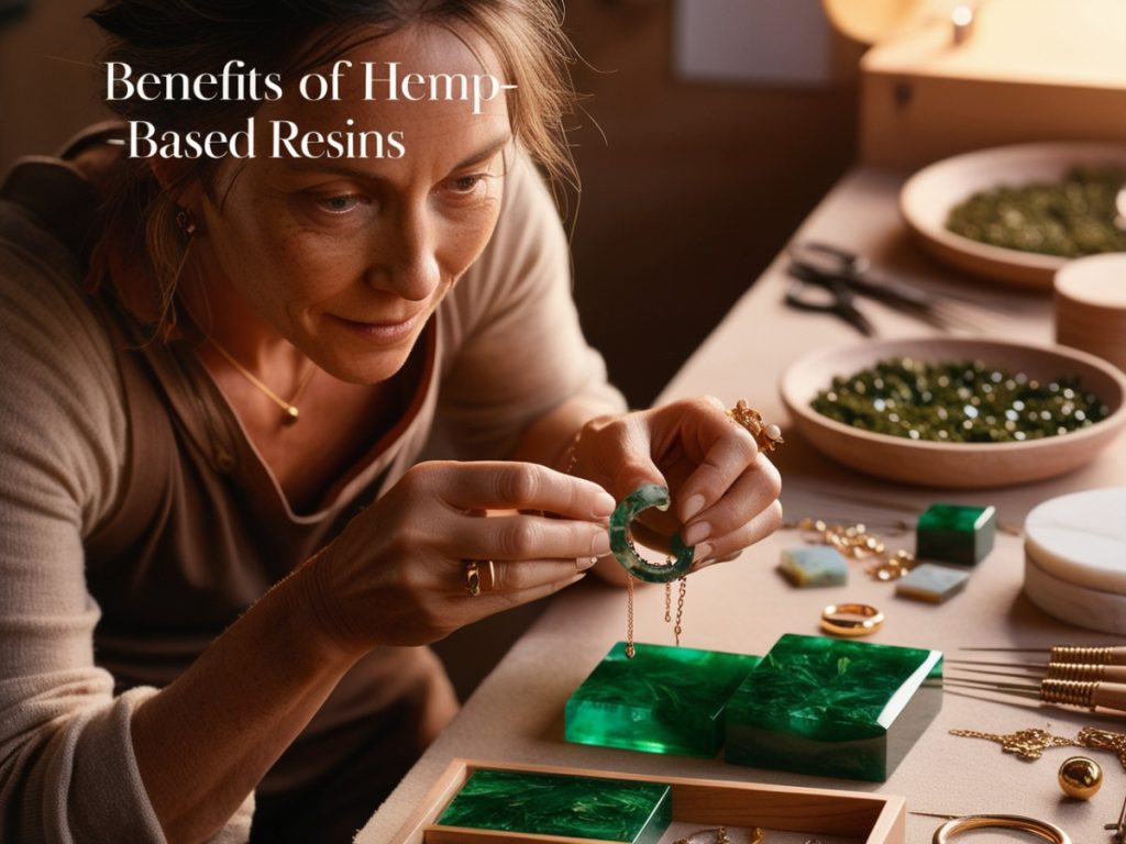 Top Benefits of Hemp-Based Resins in Crafting and Beyond 4 A woman carefully crafting jewelry with green hemp-based resin blocks, highlighting the versatility and benefits of hemp-based resins in eco-friendly projects.