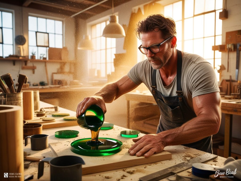 Top Benefits of Hemp-Based Resins in Crafting and Beyond 5 A craftsman pouring hemp-based resin into a circular mold in a well-lit workshop, surrounded by tools and natural materials, showcasing eco-friendly crafting techniques.
