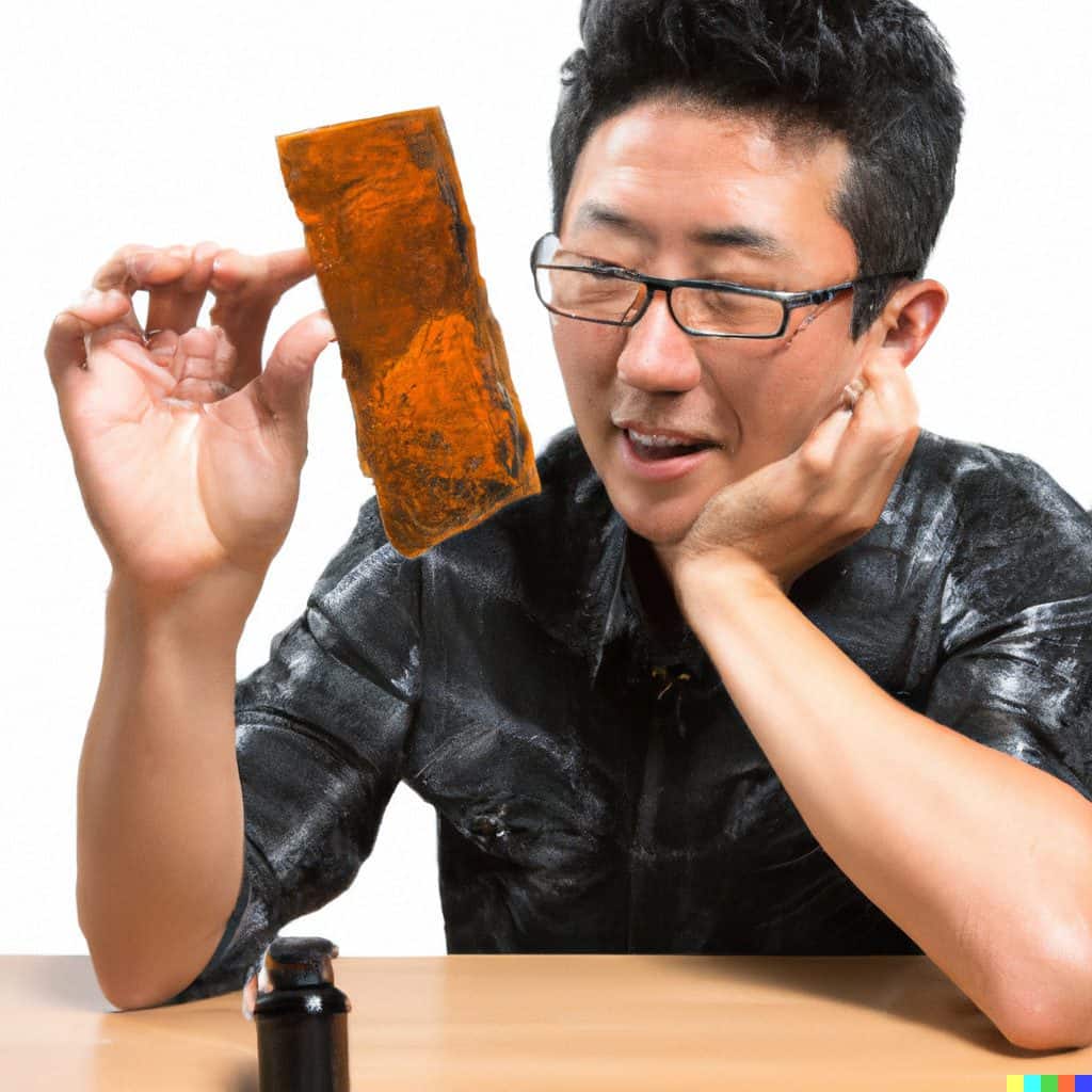 Recognizing Resin Poisoning Symptoms: A Guide for Craft Enthusiasts 5 A man holding up a piece of amber-colored composite resin and examining it closely.