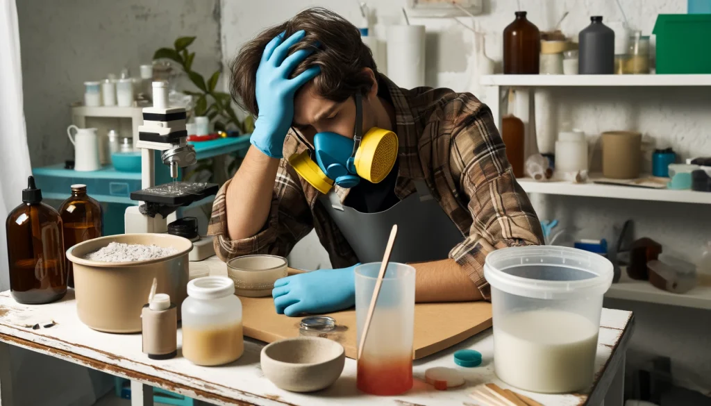 Recognizing Resin Poisoning Symptoms: A Guide for Craft Enthusiasts 6 A person wearing gloves and a respirator shows signs of a headache and discomfort while working with resin at a crafting table.