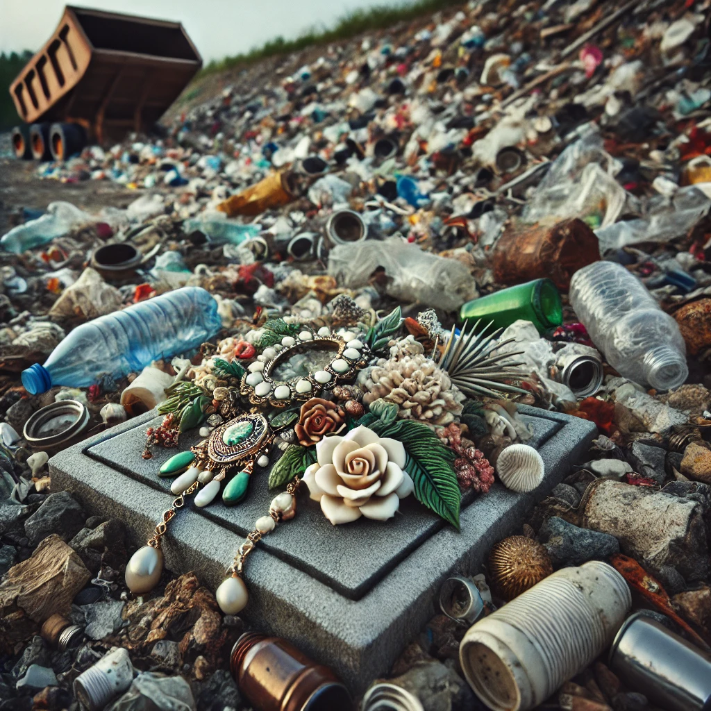 Top Benefits of Hemp-Based Resins in Crafting and Beyond 2 A decorative resin item, like jewelry and floral decor, lying amidst landfill waste with plastic bottles, cans, and debris, highlighting the environmental impact of non-biodegradable resin products.