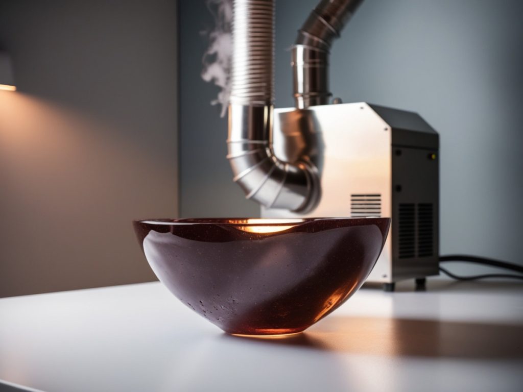Top Benefits of Hemp-Based Resins in Crafting and Beyond 3 A glossy, handcrafted bowl made from hemp-based resin sits on a white table with industrial equipment in the background, showcasing eco-friendly resin craftsmanship.