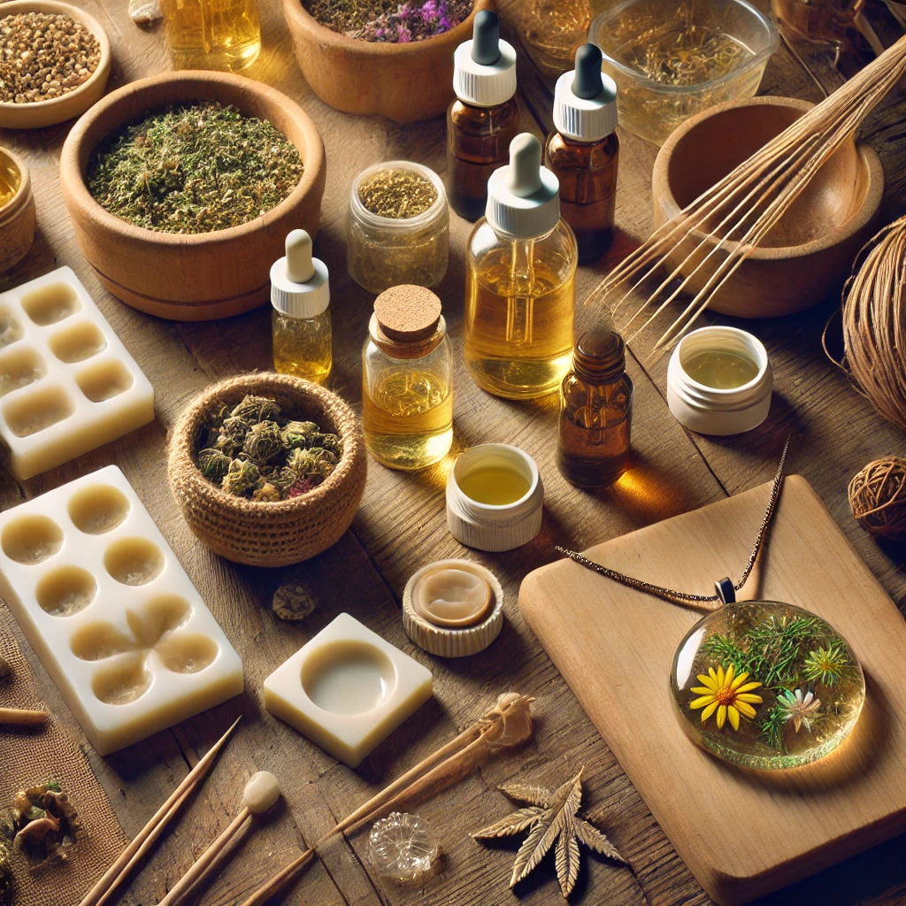 Top Benefits of Hemp-Based Resins in Crafting and Beyond 6 A workspace with tools and ingredients for hemp-based resin crafting, featuring resin molds, hemp oil, dried flowers, and a completed pendant with encapsulated botanical elements.