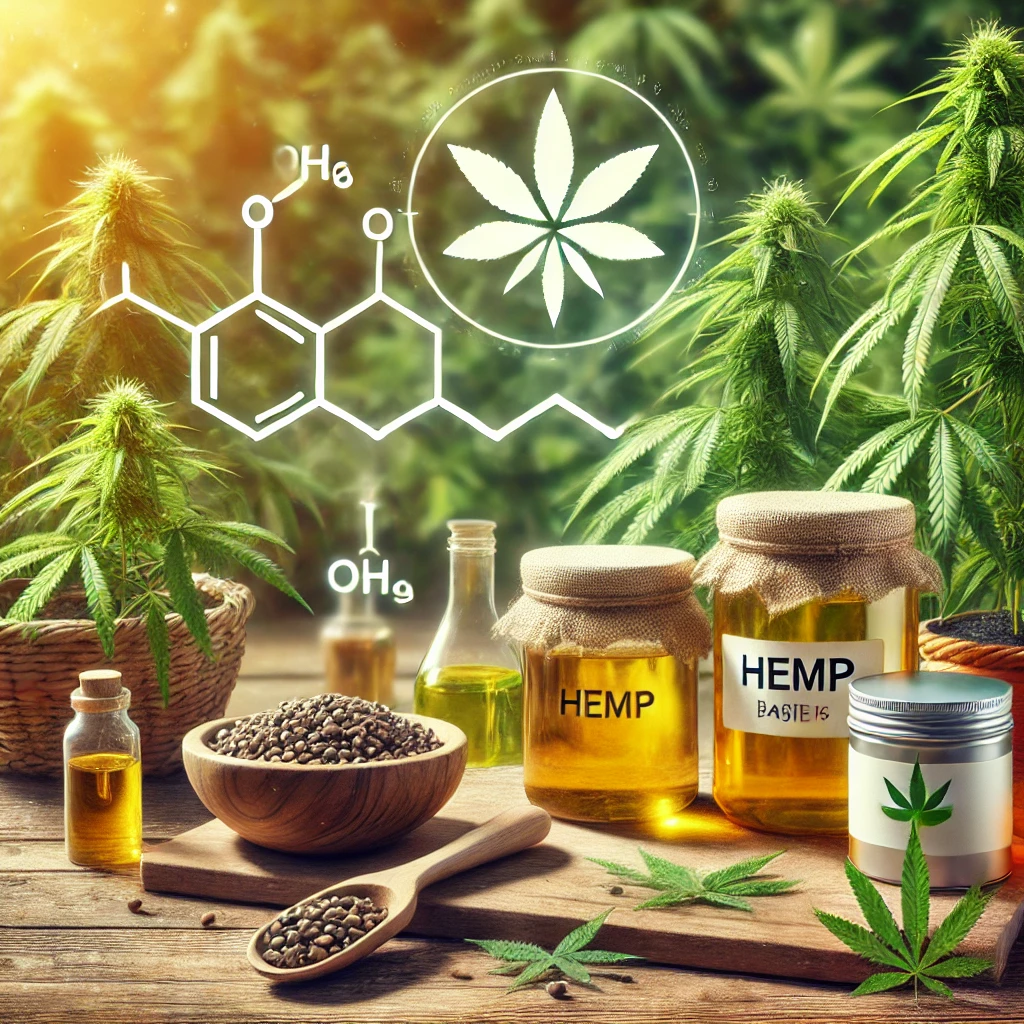 What Are Hemp-Based Resins and Why Are They Important? 2 Hemp plants and jars of hemp oil, with a chemical symbol overlay representing the transformation of hemp oil into biopolymer resin, illustrating eco-friendly, sustainable resin production.