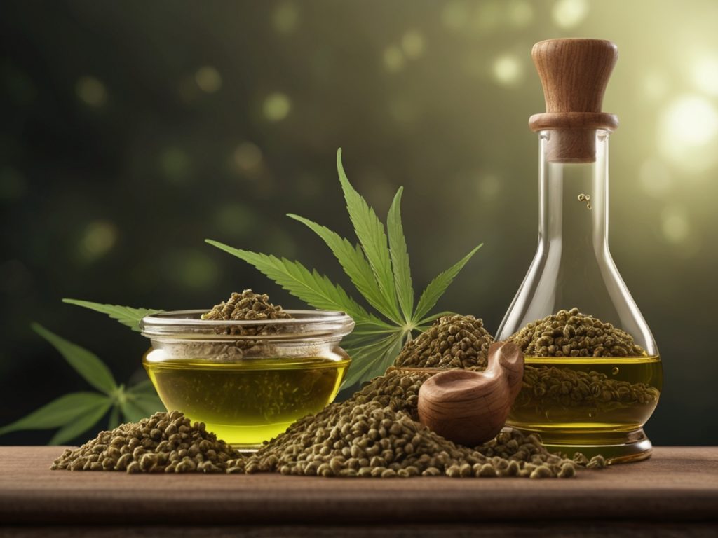 What Are Hemp-Based Resins and Why Are They Important? 6 Hemp seeds piled on a wooden surface with glass bottles of hemp oil, against a backdrop of hemp leaves, emphasizing their use in resin production.