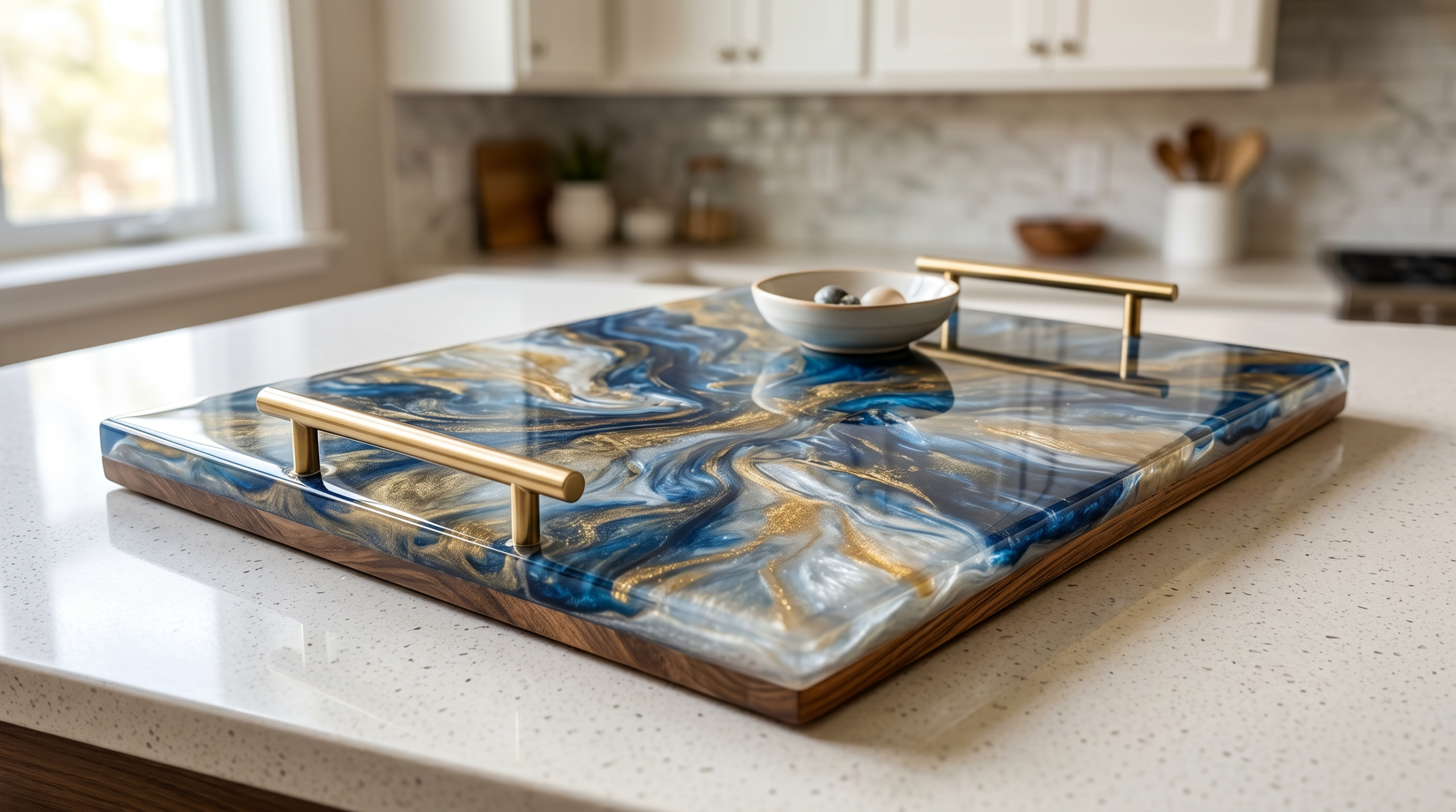 Glossy epoxy serving tray with a marbled blue and gold design displayed on a kitchen counter.
