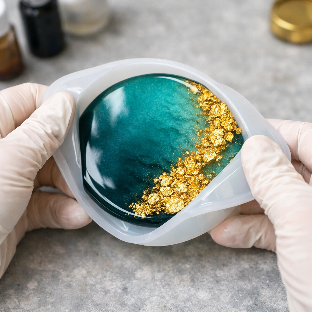 A close-up, high-angle shot showing a pair of hands wearing white protective nitrile gloves gently flexing a translucent silicone mold to release a finished resin coaster. The coaster features a striking deep teal gradient transitioning into a textured edge of gold leaf. The background is a clean, neutral workspace, emphasizing the polished, glossy finish of the cured resin.