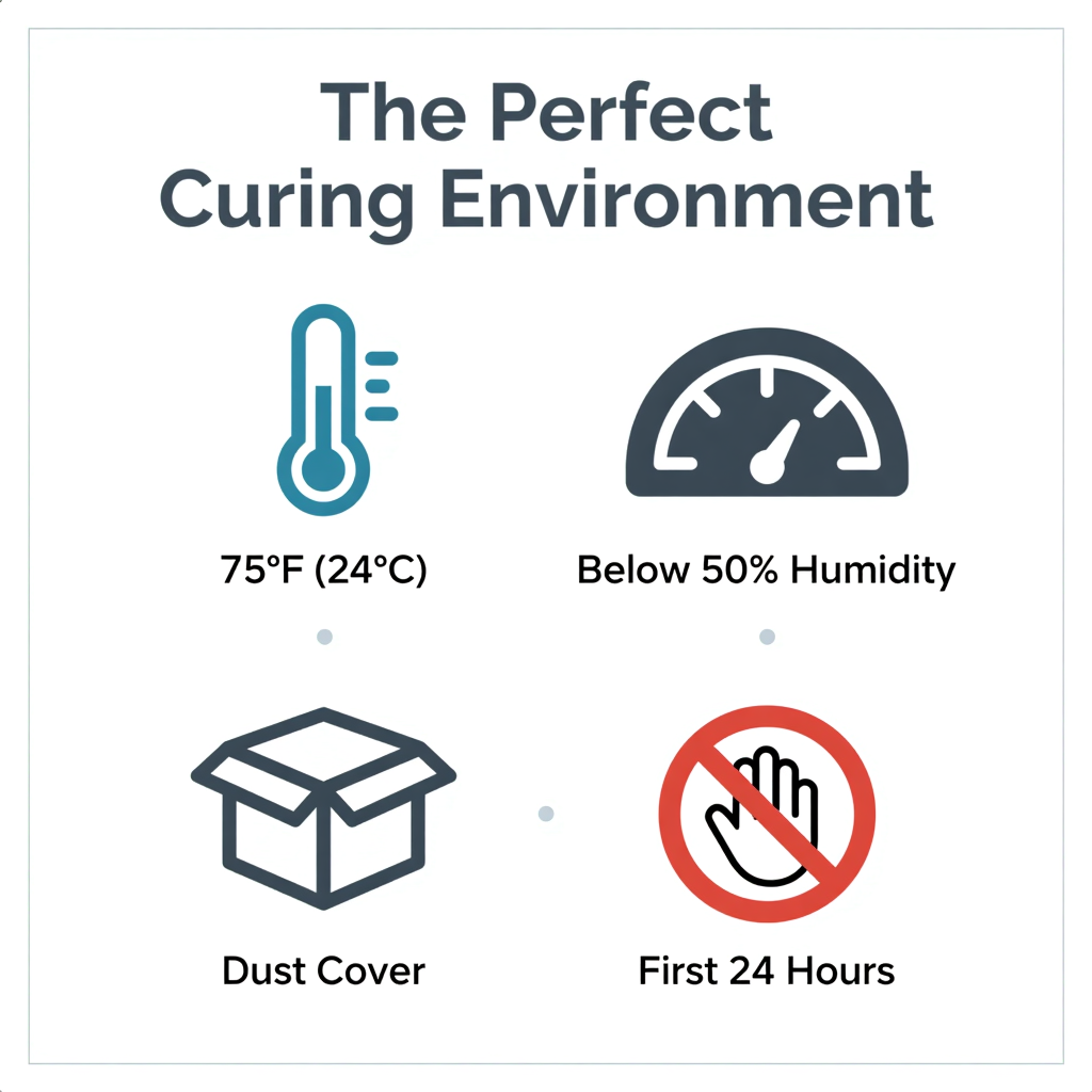 A clean infographic titled "The Perfect Curing Environment" detailing four key requirements for resin success. It includes icons and text for: (1) An ideal temperature of 75°F (24°C), (2) Maintaining humidity below 50%, (3) Using a dust cover over the project, and (4) A "no touch" symbol for the first 24 hours of the curing process.