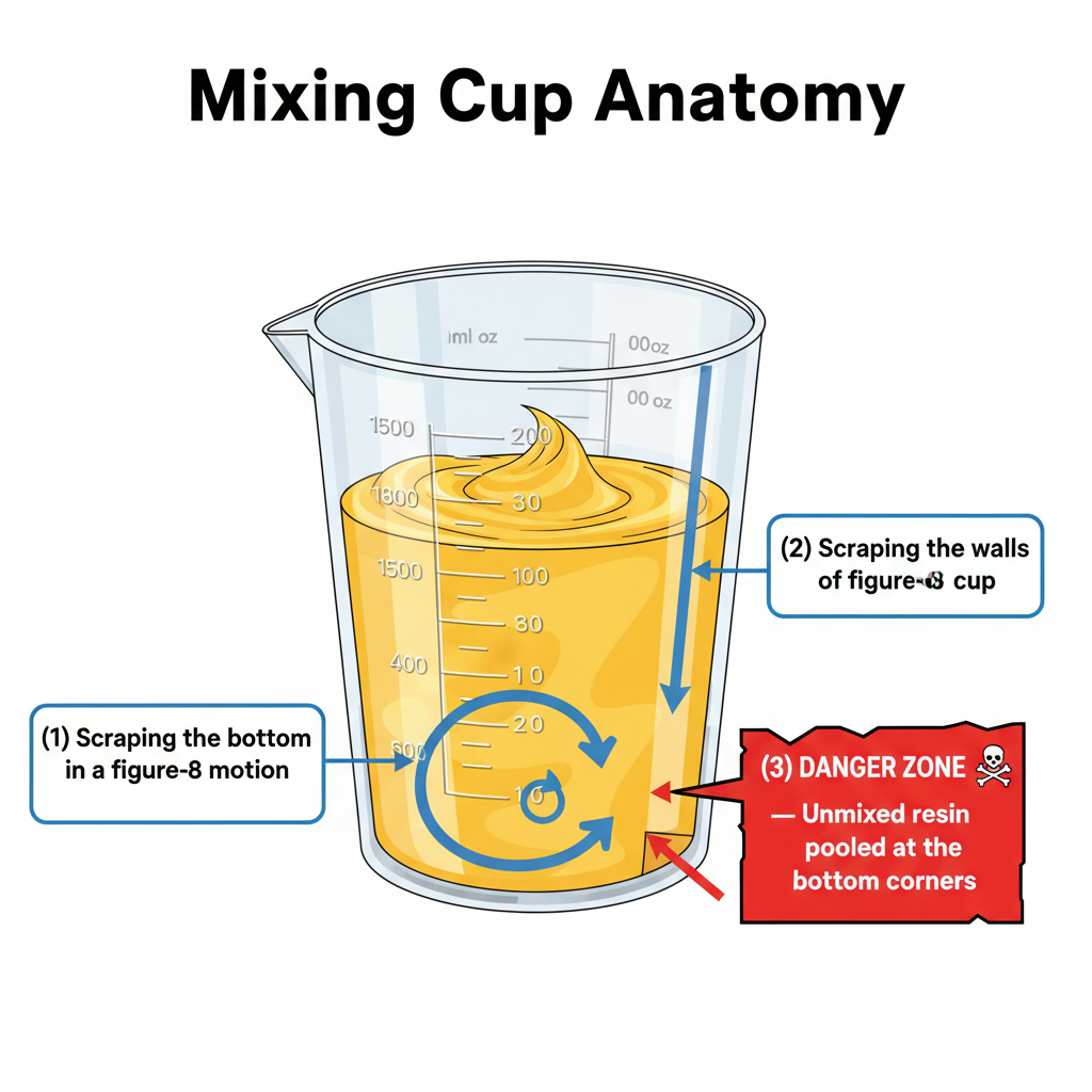 An educational diagram titled "Mixing Cup Anatomy" illustrating proper resin stirring techniques. The graphic features a clear measuring cup filled with yellow resin, using arrows to highlight three key areas: (1) Scraping the bottom in a figure-8 motion, (2) Scraping the side walls, and (3) A red "Danger Zone" at the bottom corners where unmixed resin often pools, potentially causing soft spots in a finished project.