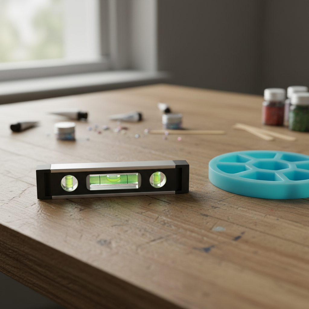 A close-up shot of a small spirit level sitting on a wooden workbench, showing the bubble centered between the lines. In the blurred background, craft supplies including a teal silicone mold, small jars of glitter, and stirring sticks are visible, emphasizing the importance of a flat surface for epoxy art projects.