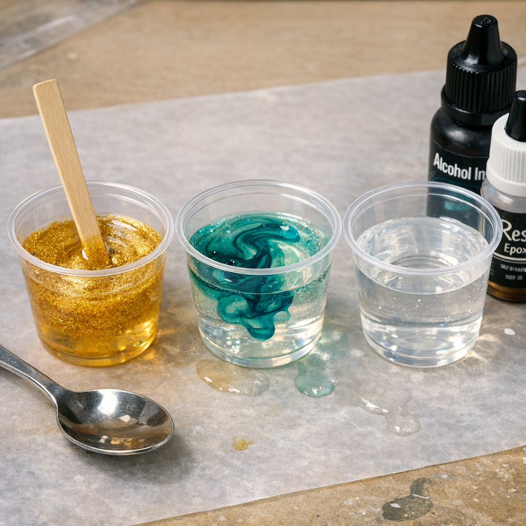 Three small clear plastic cups on a wax paper-covered workspace show different resin stages. The left cup contains resin heavily mixed with fine gold glitter and a wooden stir stick; the center cup shows teal alcohol ink swirling into clear resin; the right cup contains plain clear resin. Two pigment bottles and a metal spoon are visible in the background and foreground.