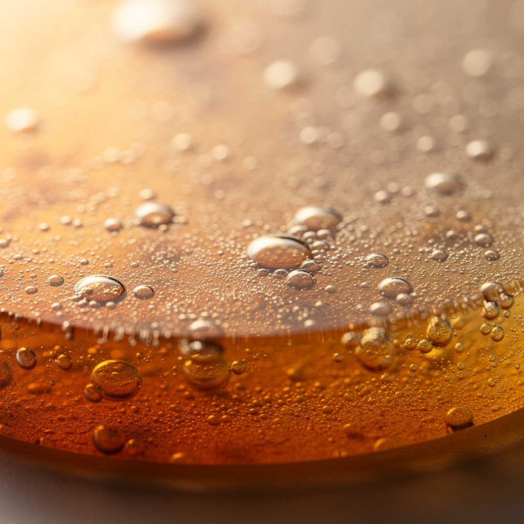 A macro close-up of an amber-tinted resin piece showing a high density of trapped micro-bubbles and larger air pockets throughout the thickness of the material. The surface appears uneven due to bubbles rising but failing to pop before the resin began to set, creating a textured, pitted appearance rather than a smooth, glass-like finish.
