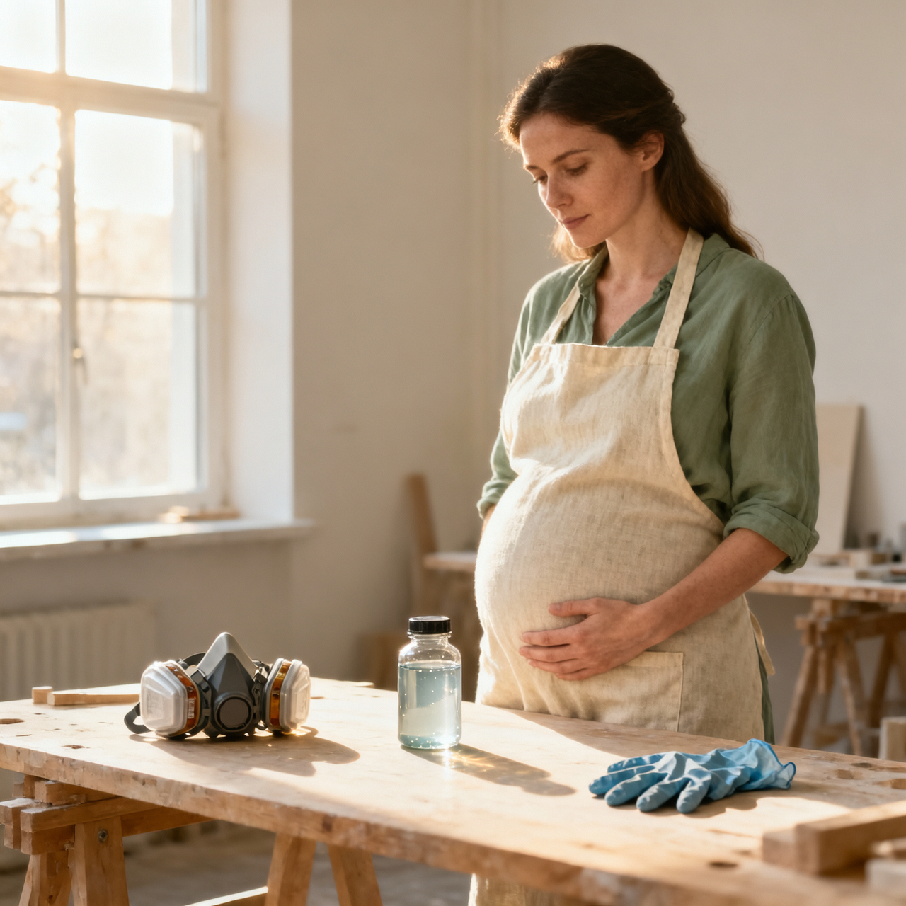A pregnant woman in an apron stands at a sunlit wooden workbench, looking thoughtfully at a respirator mask, a bottle of clear liquid, and blue protective gloves.