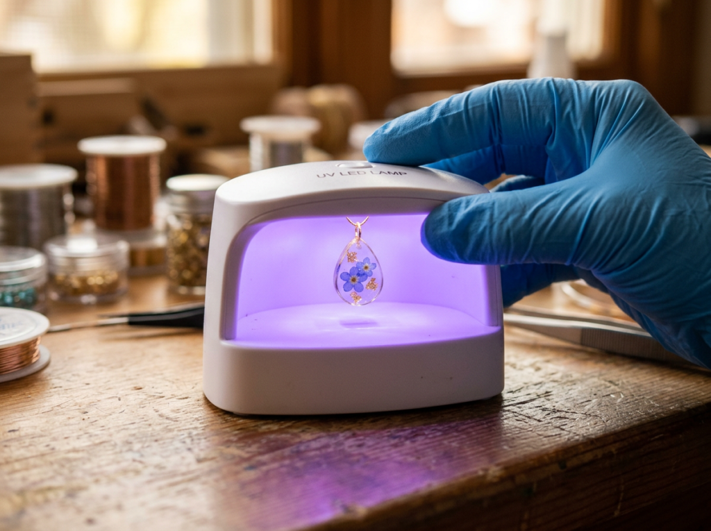 Epoxy Resin vs. UV Resin: Which Is Right for Your First Project? small resin jewelry piece curing under a uv lamp