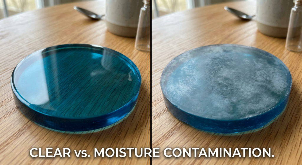 A side-by-side comparison of two blue translucent resin discs on a wooden surface. The left disc is crystal clear with a high-gloss finish, while the right disc appears cloudy and opaque due to moisture contamination.