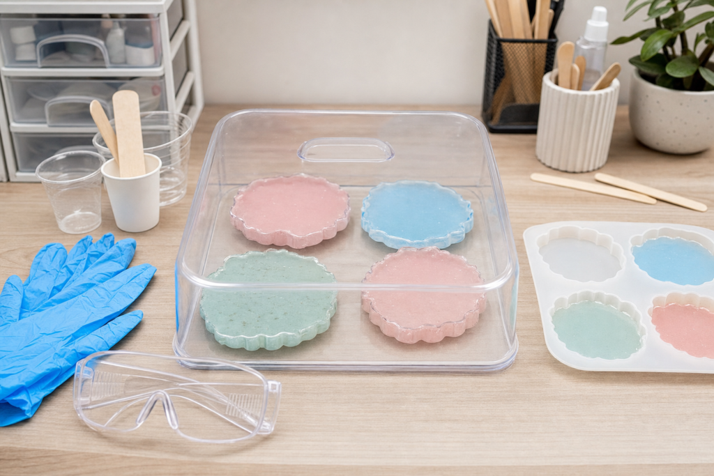 Beginner epoxy resin coasters curing safely on a protected craft table.
