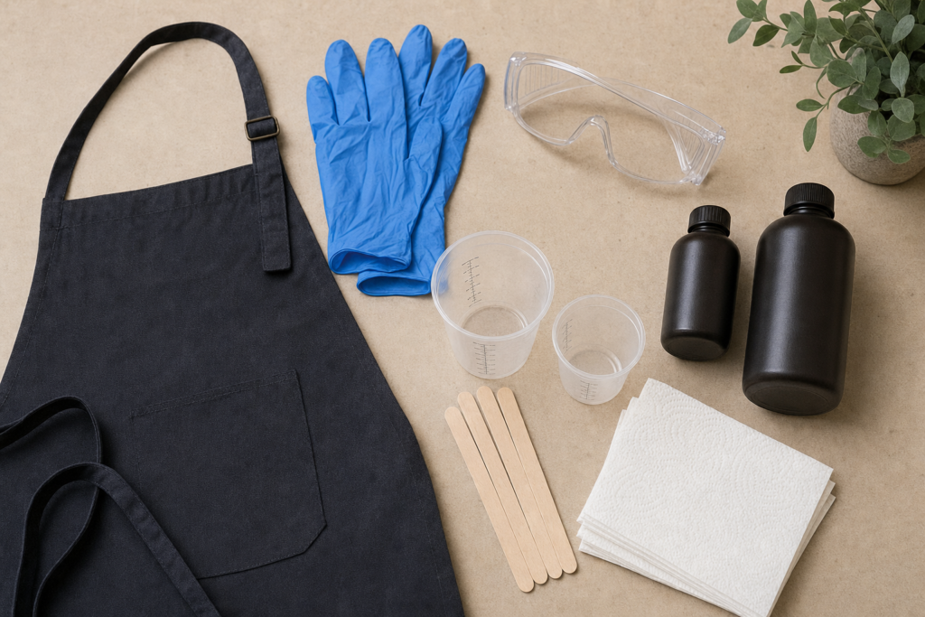 Beginner resin safety gear flat lay with gloves, goggles, apron, cups, and stir sticks.