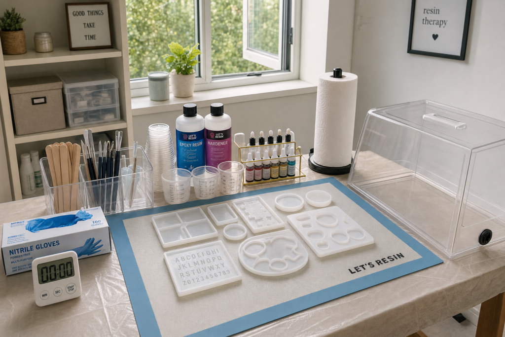 Ventilated beginner resin workspace with protected table, molds, mixing cups, and safety supplies.