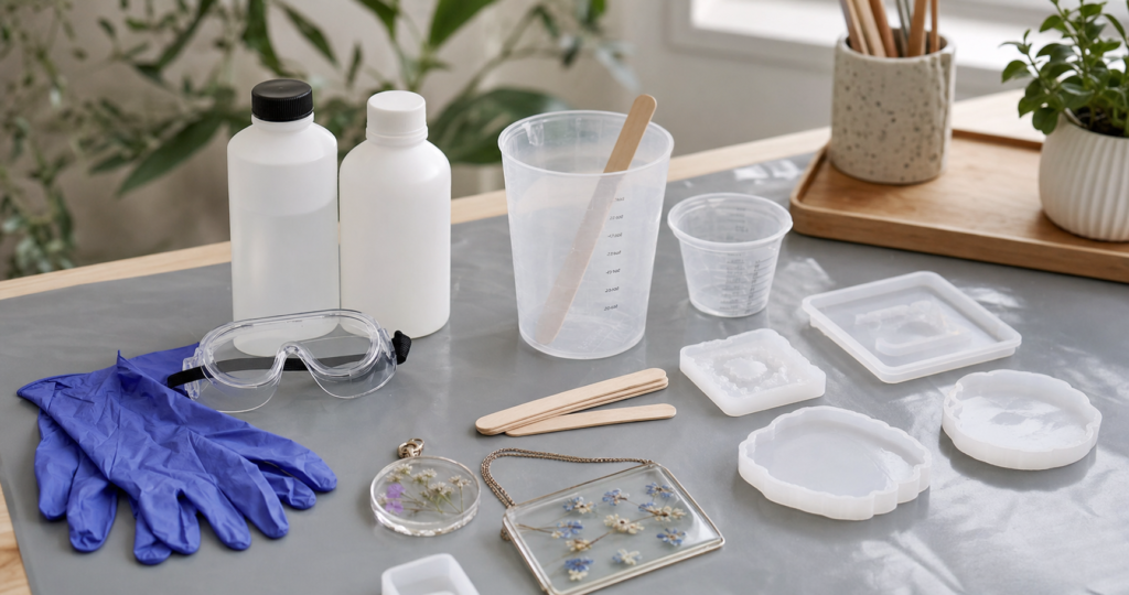 Epoxy resin PPE for beginners including nitrile gloves, safety goggles, apron, and respirator.