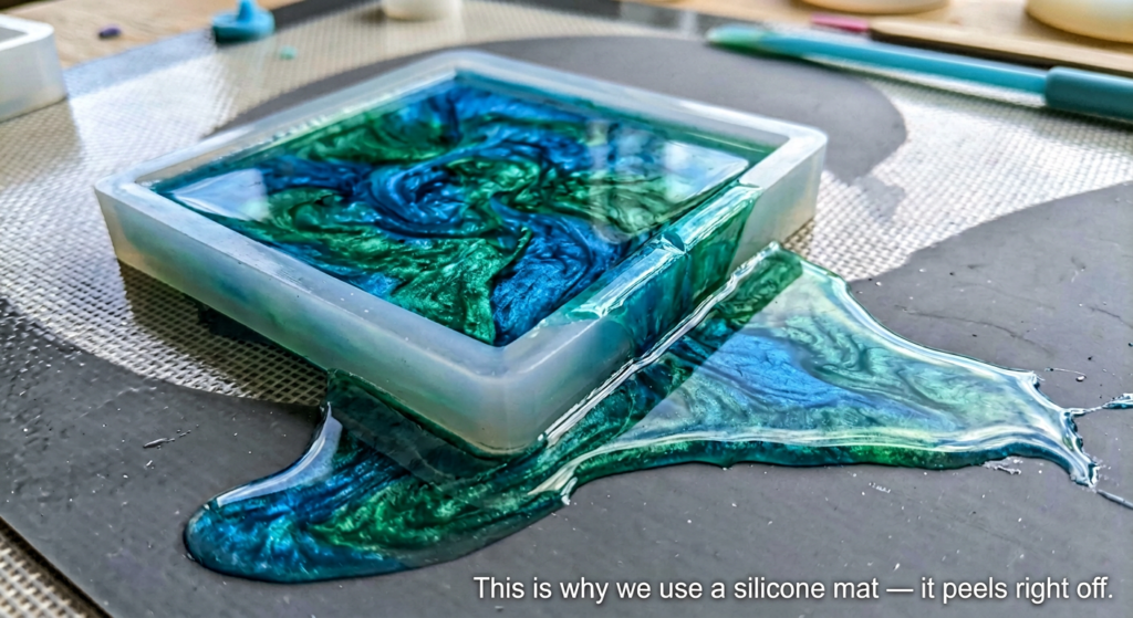 A square silicone mold filled with swirled blue and green metallic resin sitting on a dark grey silicone work mat. Some resin has spilled over the side of the mold onto the mat, demonstrating how the mat protects the workspace and allows for easy cleanup.