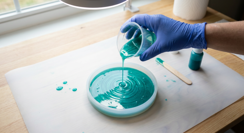 A person wearing a blue nitrile glove pours shimmering teal-colored resin from a measuring cup into a round silicone mold. The workspace is protected by a white translucent mat, with a mixing stick and pigment bottle visible in the background.