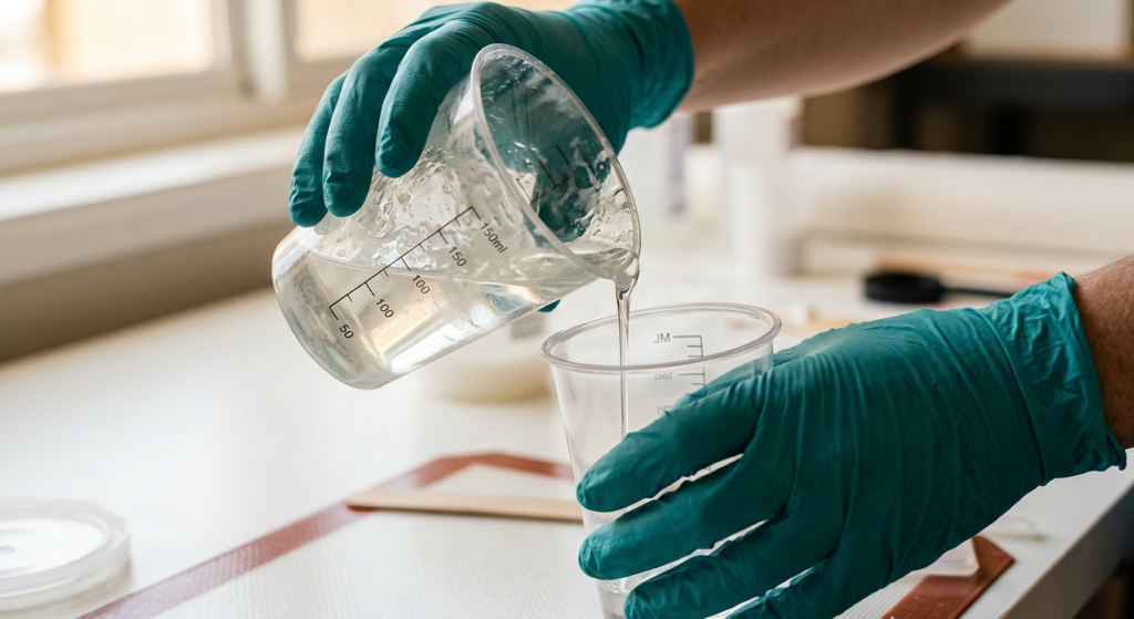 Two-cup method for mixing epoxy resin: pouring mixed resin from first cup into clean second cup, leaving unmixed residue behind