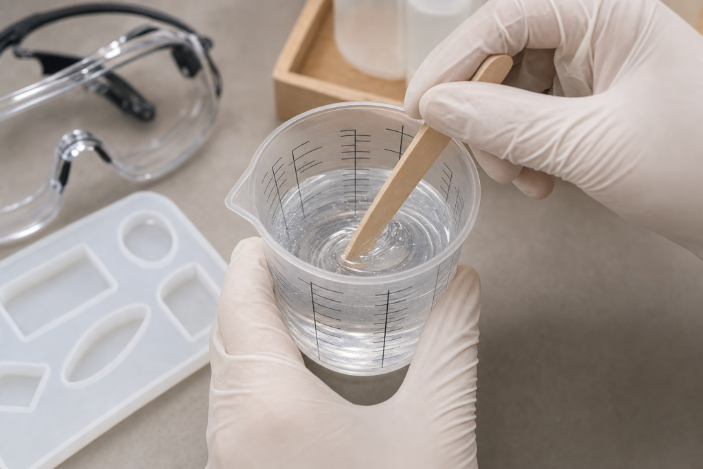 Gloved beginner slowly mixing epoxy resin and hardener in a measuring cup.
