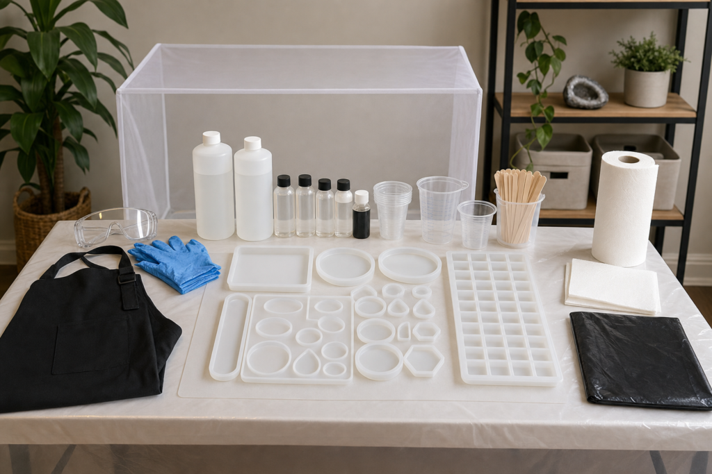 Resin respirator and dust mask comparison with safety goggles on a craft table.