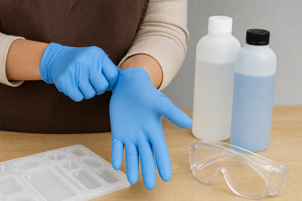 Beginner putting on nitrile gloves before working with epoxy resin.