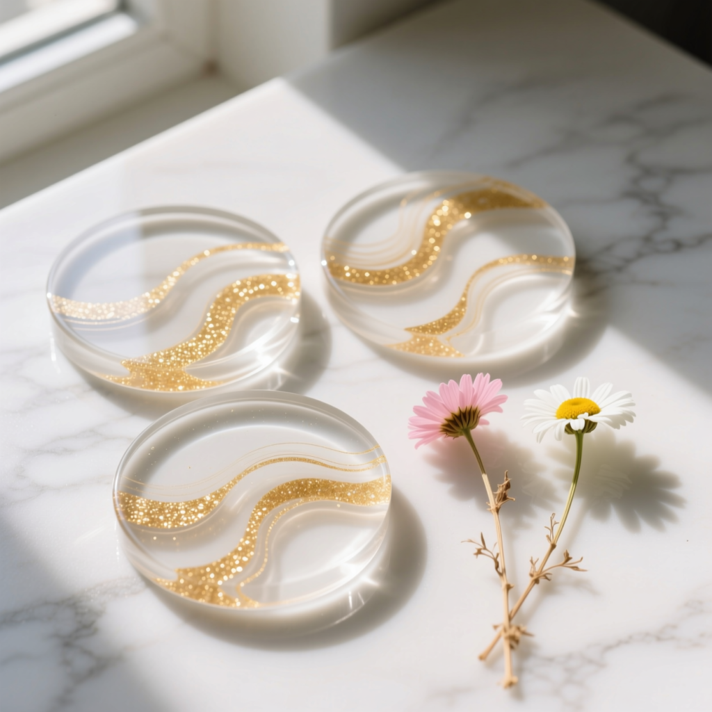 Clear cured epoxy resin coasters with gold mica swirls on a white surface — beginner epoxy resin project result