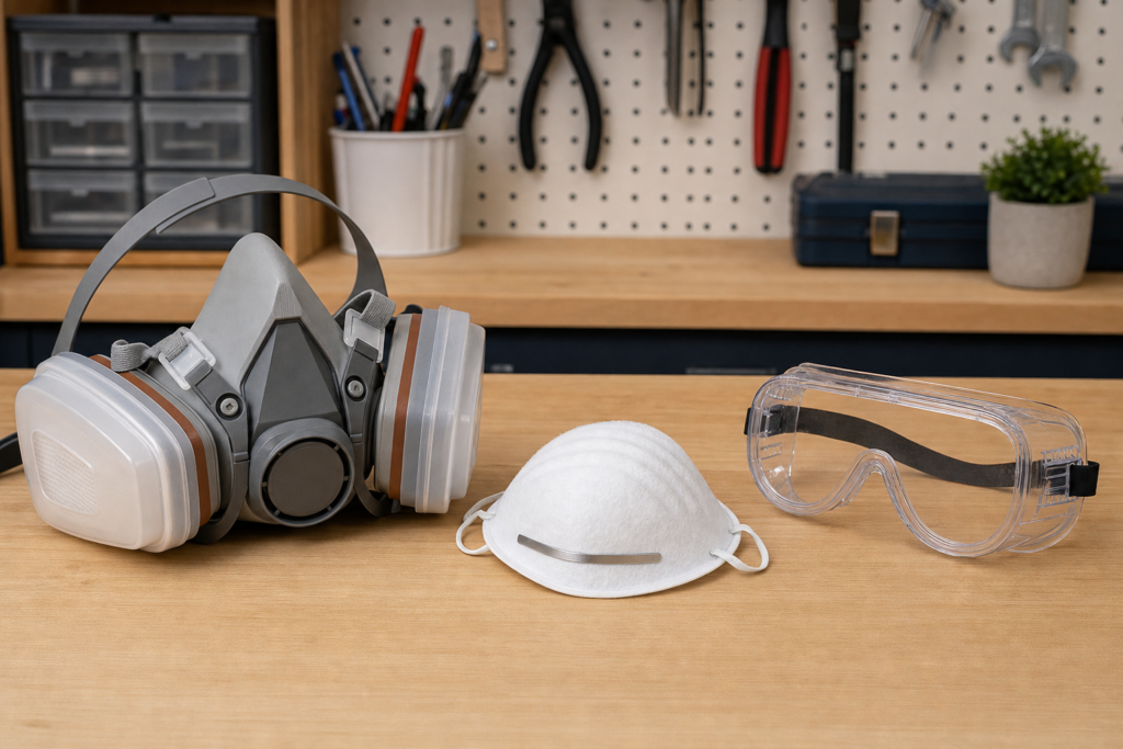 Resin respirator and dust mask comparison with safety goggles on a craft table.