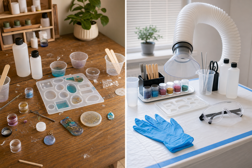 Safe versus unsafe beginner epoxy resin workspace setup comparison.