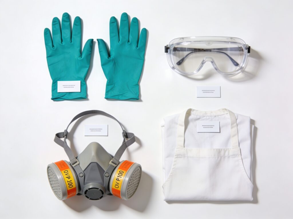 Epoxy resin safety gear flat lay: nitrile gloves, safety glasses, OV respirator, and apron on white background