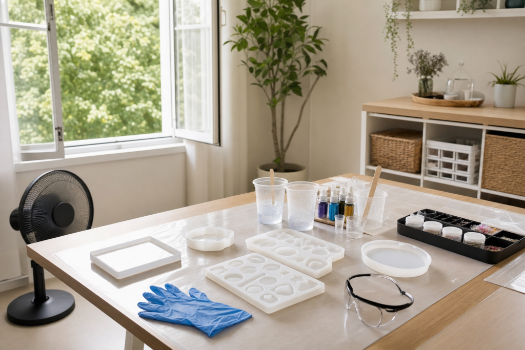Ventilated resin workspace near an open window with PPE and covered craft table.